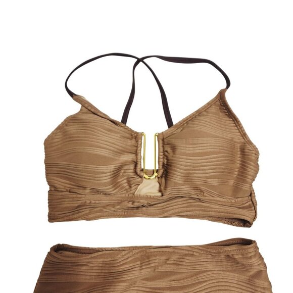 Brown High-Waisted Textured Bikini Set Strappy Back Size S - Picture 4 of 5